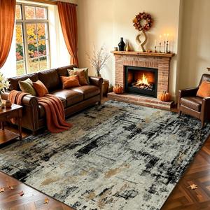 8x10 Area Rugs for Living Room: Abstract Washable Rug with No-Slip Backing Non-Shedding Stain-Resistant Soft Modern Large Neutral Carpet for Bedroom Dining Room Farmhouse(Black/Grey Gold,8x10)