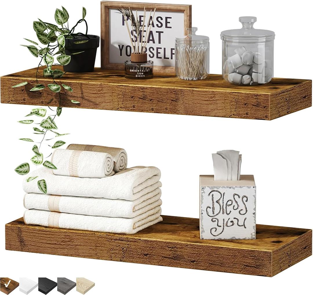 QEEIG Bathroom Floating Shelves for Wall Mounted Shelf Over Toilet Farmhouse Home Decor Display Shelving Small 16 inch Set of 2, Rustic Brown (008-40BN) (15.7", A. Brown)