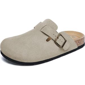 Xiakolaka Women's Suede Clogs Adjustable Buckle Slip on Footbed Home Clog Slippers (11, Beige)