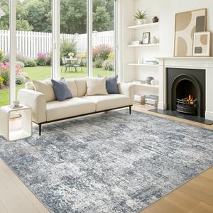 9x12 Area Rugs for Living Room: Washable Large Neutral Abstract Rug Soft Non Slip Stain Resistant Low Pile Indoor Carpet for Bedroom Dining Room Nursery Office Playroom - Blue Grey