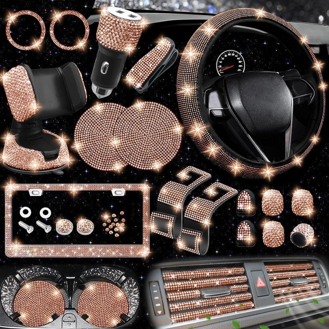 NBTEPEM 27 PCs Gold Champagne Bling Car Accessories Set for Women, Steering Wheel Covers Universal Fit 15 Inch, Bling License Plate Frame, Bling Phone Holder, Bling Car Coasters