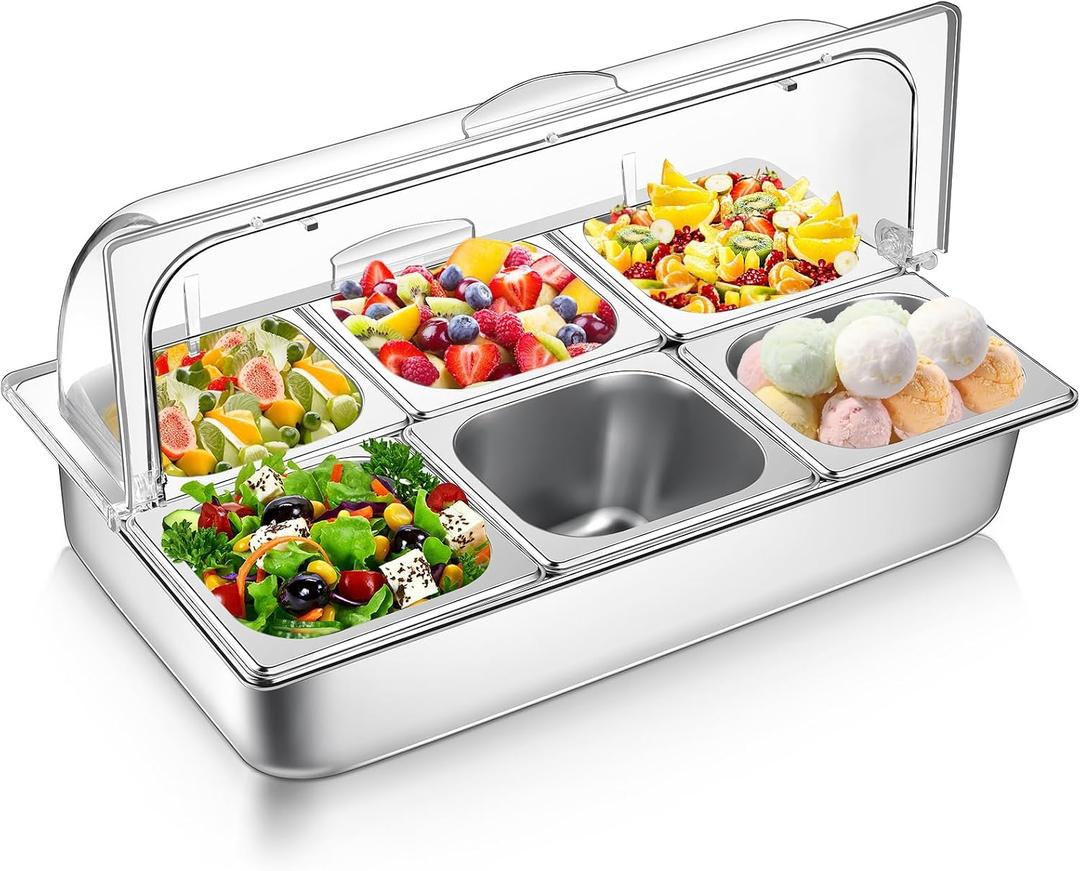 Ziliny 6 Pan Countertop Ice Food Serving Display Container with Clear Roll Top Cover, Stainless Steel Serving Tray Buffet Condiment Dispenser for Restaurant Hotel Kitchen Party, 22.1" x 14.8" x 7.7"
