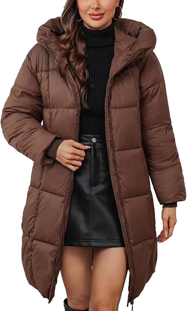 Women's Hooded Long Puffer Coat Winter Warm Full Zip Lightweight Quilted Jacket with Pockets(Brown,2XL)