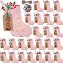 24 Set Mini Pink Christmas Stockings Set with Gold Sequin Snowflake 6 Inch Faux Fur Xmas Hanging Stocking Small Plush Xmas Stocking with Christmas Kraft Gift Tags