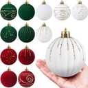 Suzile 12 Pcs Large Velvet Christmas Ball Ornaments, 4 Inch Burgundy & Green & White Flocked Christmas Tree Ornament Shatterproof Hanging Xmas Ball Bulbs for 2025 Xmas Tree Home Decorations (Mixed)