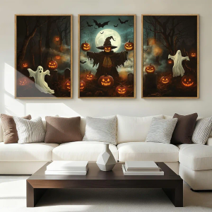 Anyzal Halloween Ghost Wall Art Spooky Pumpkin Wall Decor Dark Forest Artwork for Living Room Bedroom Dining Room16x24 Inch Set of 3