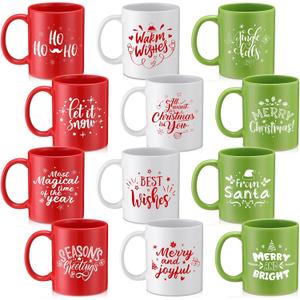 Tioncy 12 Pcs Christmas Coffee Mugs Set 11 oz Ceramic Christmas Mugs with Handle Ceramic Matching Cups Holiday Party Stackable for Home Centerpieces Housewarming Holiday Party Gift(Retro)