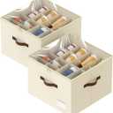 LIKMYPICK Shoe Organizer for Closet, 2 Pack Shoe Organizer with Clear Cover, Closet Shoe Storage Containers w/ Adjustable Dividers, Foldable Storage Bins for Shoes, Fits 16-32 Pairs, Beige