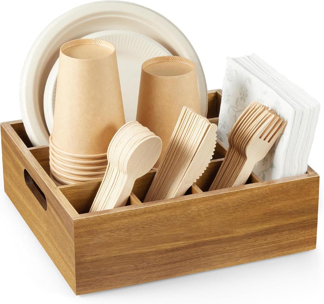Acacia Wood Utensil Holder for Party, 6-Compartment Paper Plate and Silverware Organizer with Handles, Rustic Utensil Caddy for Parties, Outdoor Gatherings, and Kitchen Countertop Organization