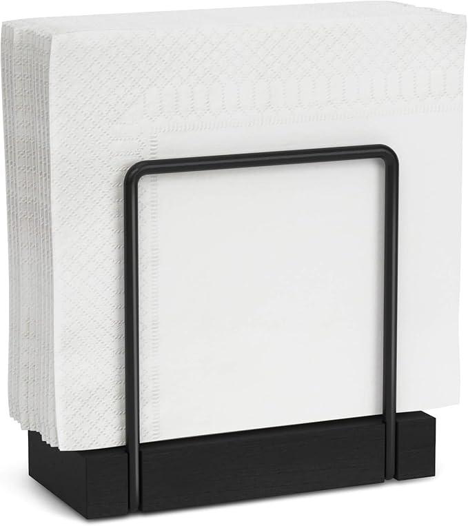 Napkin Holder for Table, Farmhouse Wood Standing Napkin Dispenser for Kitchen Dining, Modern Metal Napkin Holder for Table Picnic Coffee Bar, Napkin Holders Suitable for Dining Room Decors - Black