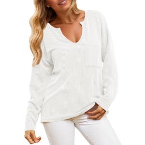 Cicy Bell Womens Tops Oversized Long Sleeve V Neck Shirts Casual Loose Fit Knit Tee Shirt with Pocket (X-Large, White)
