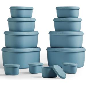 ISSEVE 12Pcs/Set Nesting Silicone Food Storage Containers with Lids, BPA Free Reusable Meal Prep Silicone Containers Airtight, Freezer Dishwasher Safe (33.8oz, 20oz, 10oz, 6.7oz, 1.3oz) (Blue)