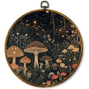 Hiuwevt Mushroom Round Wall Art Decor, Mystical Magical Enchanted Mushroom Forest Framed Canvas Prints, Vintage Fantasy Dark Moody Round Wall Hanging Decor for Bedroom Home Decorations, 10x10 Inches