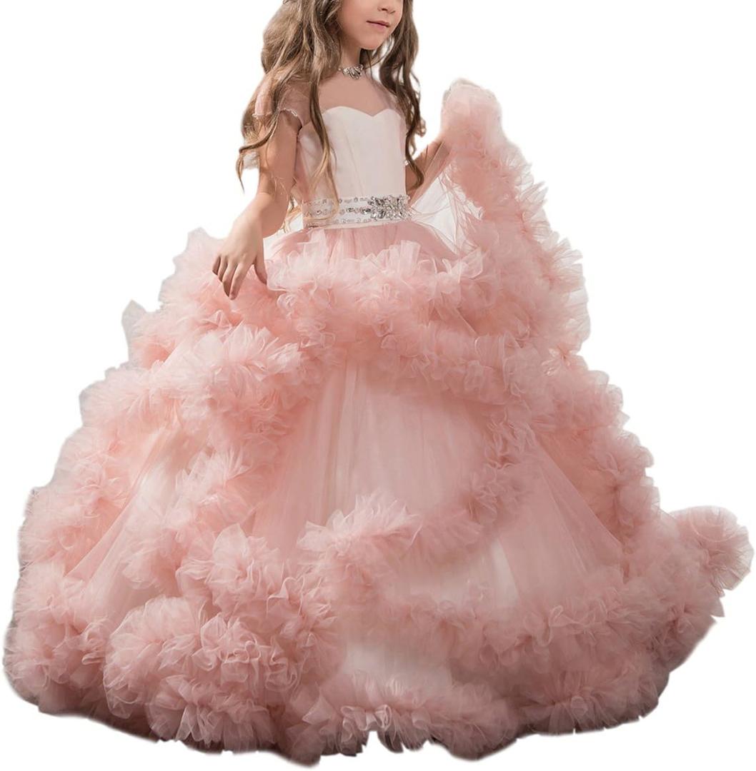 Stunning V-Back Luxury Pageant Tulle Ball Gowns for Girls, Pink,Size 4