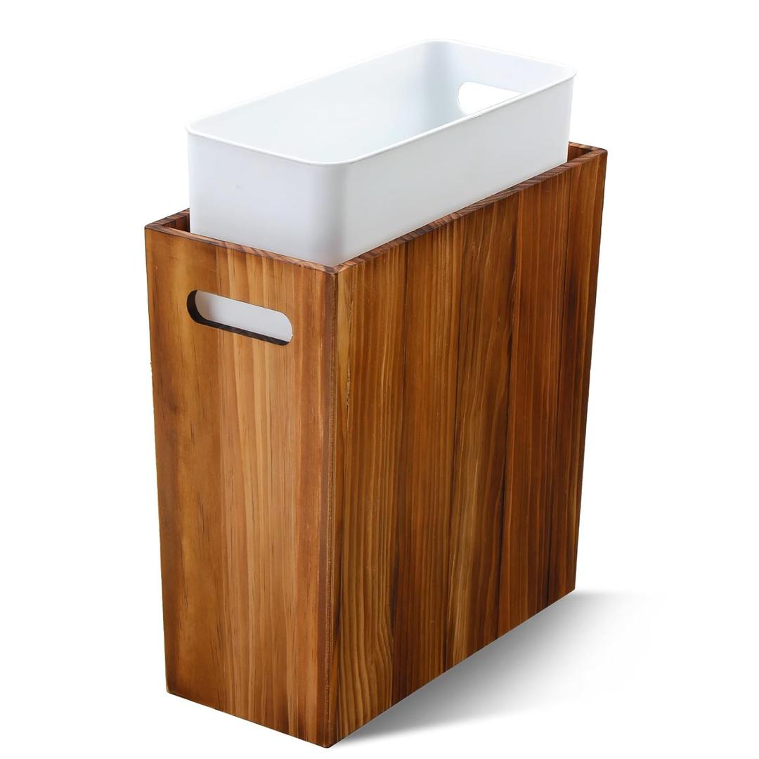 3 Gallon Wooden Trash Can with Liner,Small Solid Wood Bathroom Trash Can,Narrow Garbage Can,Decorative Waste Basket for Bathroom,Bedroom,Office