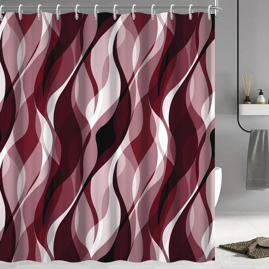 Burgundy Shower Curtain, Modern Abstract Ombre Burgundy Striped Shower Curtain Set for Bathroom Waterproof Shower Curtain with Hooks, 72x72 Inch