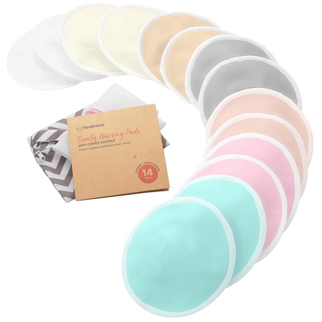 Organic Nursing Pads - 14 Washable Breast Pads for Breastfeeding, Wash Bag, Viscose Derived from Bamboo Reusable Nipple Covers for Breastfeeding Essentials, Soft & Absorbent (Pastel Touch, L 5")