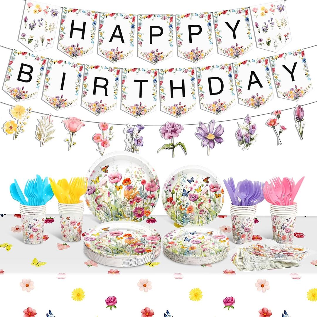 Blueweenly 173 Pcs Wildflower Birthday Party Decorations Wildflower Tablecloth Flower Happy Birthday Banner Disposable Plates Napkins Tableware Set for Spring Summer Baby Shower Party Decorations