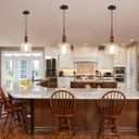 1 Light Hanging Kitchen Island Pendant Light 7.3" Clear Drum Seeded Glass Indoor Natural Wood Pendant Ceiling Light Fixtures,Black Brushed Bronze Finish Modern Farmhouse Dinning Over Sink