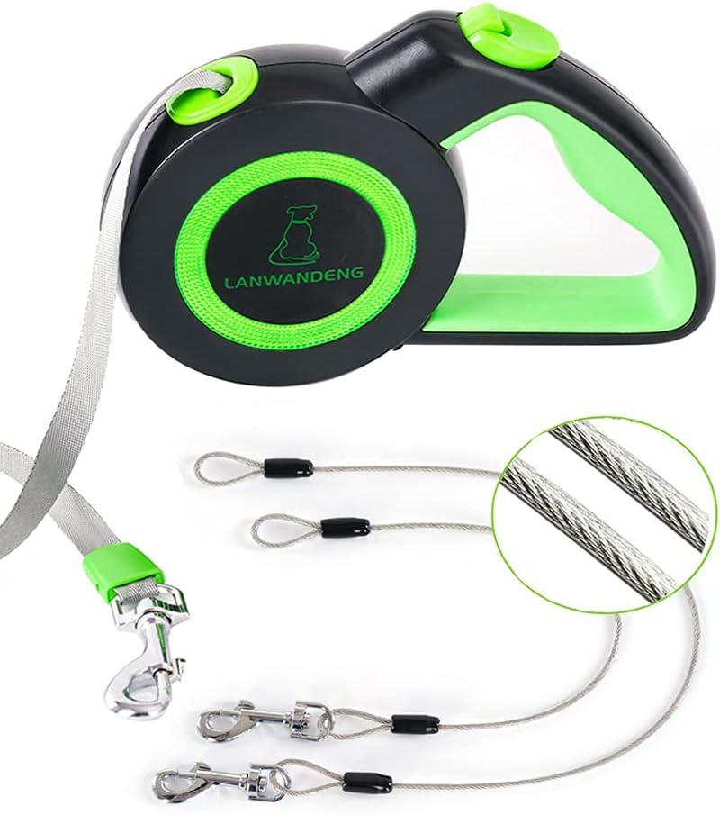 Chew Proof Retractable Dog Leash with 2 Heavy Duty Anti-Chewing Wire Ropes, 16FT Leashes 360 Tangle Free for 2 Dogs, Dual Dog Lead for Small/Medium/Large Dogs (Green)