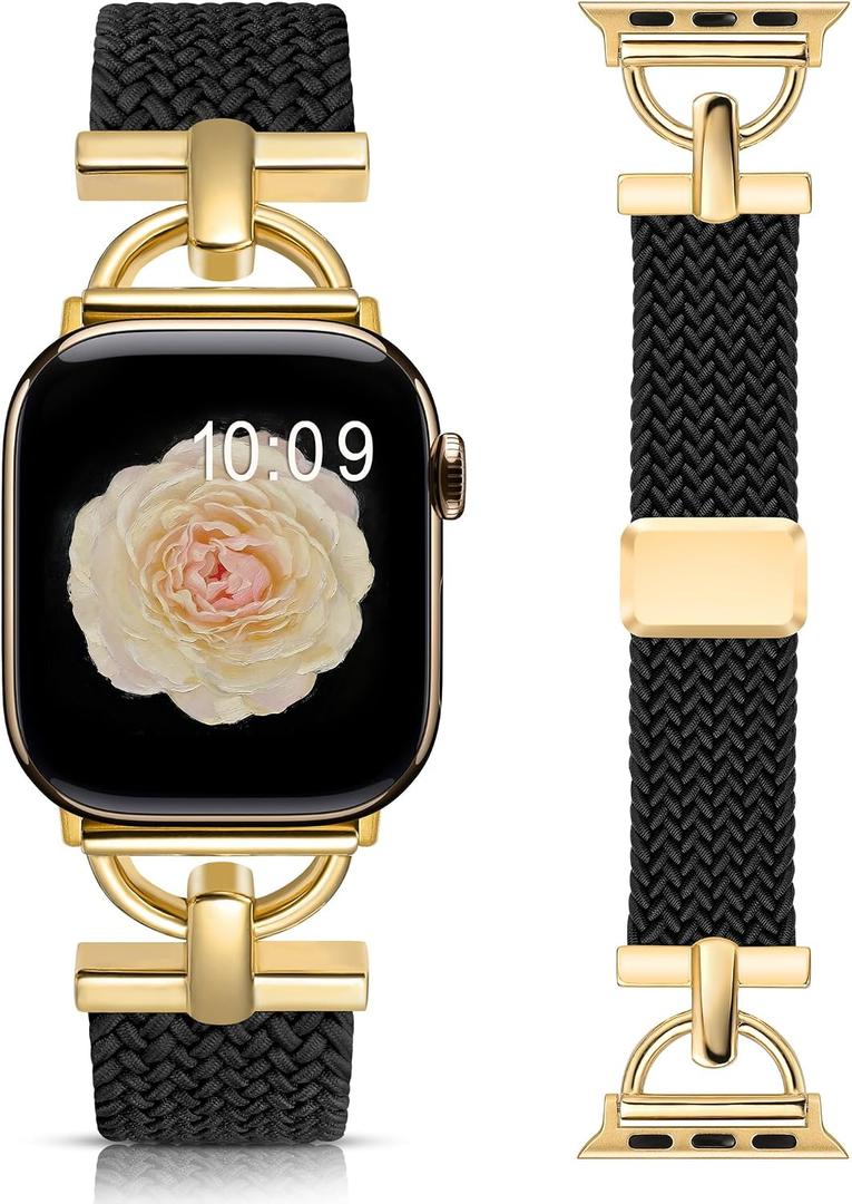 Wearlizer Braided Magnetic Band Compatible with Apple Watch Bands 42/46/38/40/41/44/45/49mm Women Men, Designer D-Shape Stretchy Elastic Nylon Strap for iWatch Series 11 10 9 8 7 6 5 4 SE/Ultra 3 2 1
