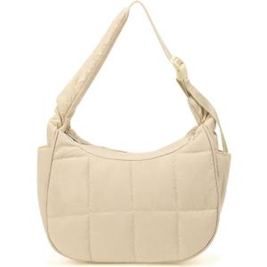 Small Puffer Crescent Underarm Shoulder Bag for Women, Nylon Quilted Purses Handbags with Adjustable Strap, Khaki