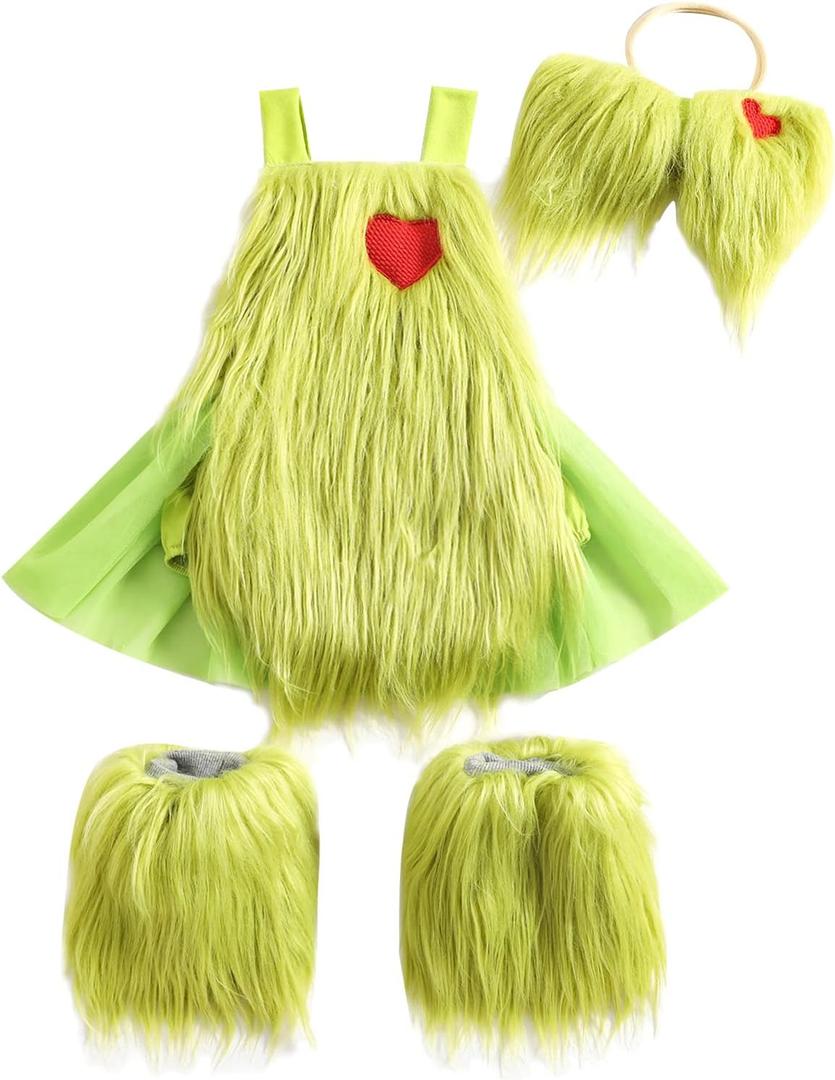 Nicoxijia Toddler Baby Girl Christmas Costume Outfit Furry Sleeveless Romper Overalls Headband Leg Warmer Plush Xmas Clothes (18-24 Months)