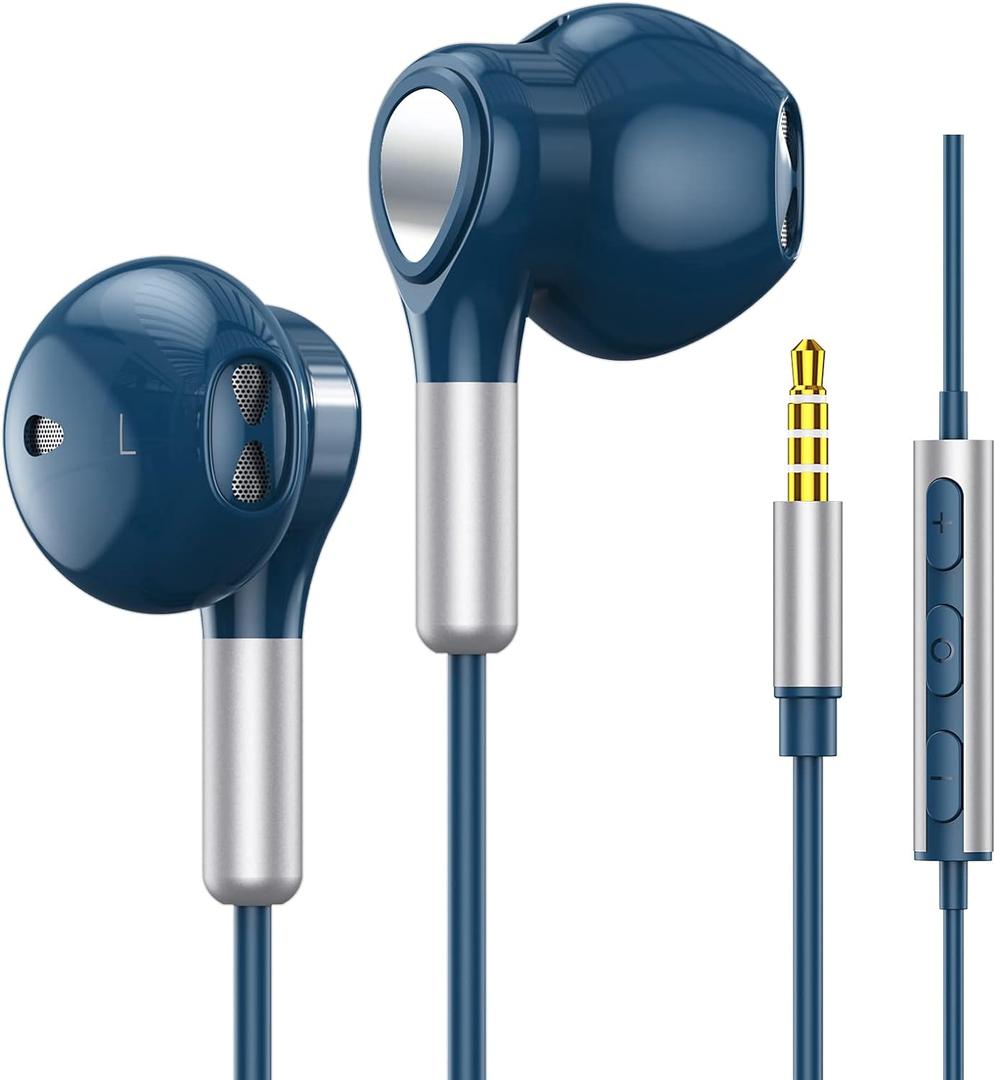 Headphones Wired, In-Ear Wired Earphones Earbuds, Half in Ear Headphones 3.5mm Jack, Wired Headphones with Microphone and Volume Control for iPhone, Samsung, Android, iPad,MP3,Most 3.5mm Audio Devices (Blue)