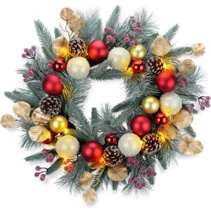 YULETIME 20-inch Christmas Wreath, Battery Operated Holiday Wreath with 20 Fairy Lights, Red & Gold Baubles, Frosty Red Berries, Pine Cones, Golden Leaves, Frosted Spruce Branches & Pine Needles
