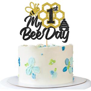 My 1st Bee Day Cake Topper - Bee Theme Baby Shower Party Cake Supplies - Happy Bee Day - Baby 1st Birthday Party Decoration - Black Glitter