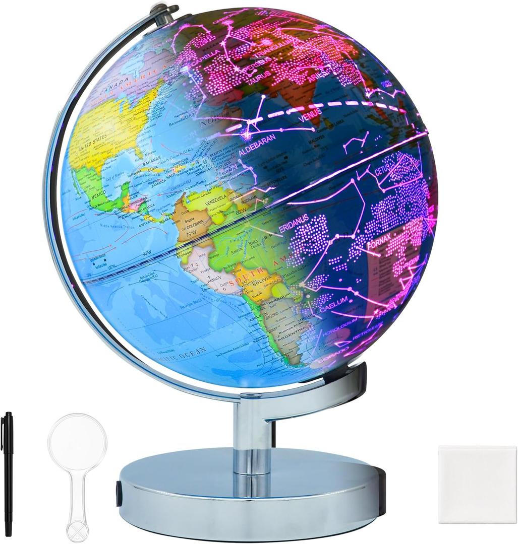 9-in-1 Illuminated World Globe 8 in for Kids & Adults with 88 Constellation Map, Touch Color Changing LED Lamp for STEM Geography Learning,Night Light for Classroom Office & Home Desk Decor
