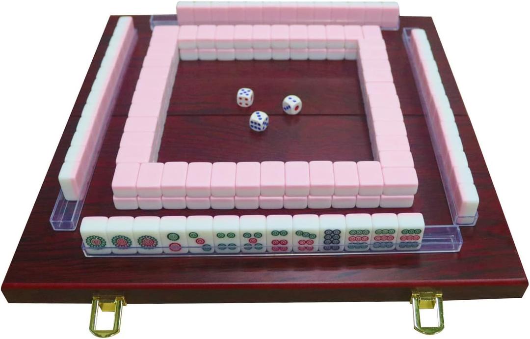 Miniature Chinese Mahjong Game Set with Foldable Table 144 Mini-Tiles, Case, and Accessories, Travel Set (Pink, 22MM)