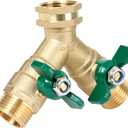 STYDDI Garden Hose Splitter Full Flow, Brass Heavy Duty Hose Splitter 2-Way High Flow, All Metal Hose Y Splitter with Shutoff, Outdoor Faucet Splitter Hose Connector, Water Hose Y Valve Tap Adapter