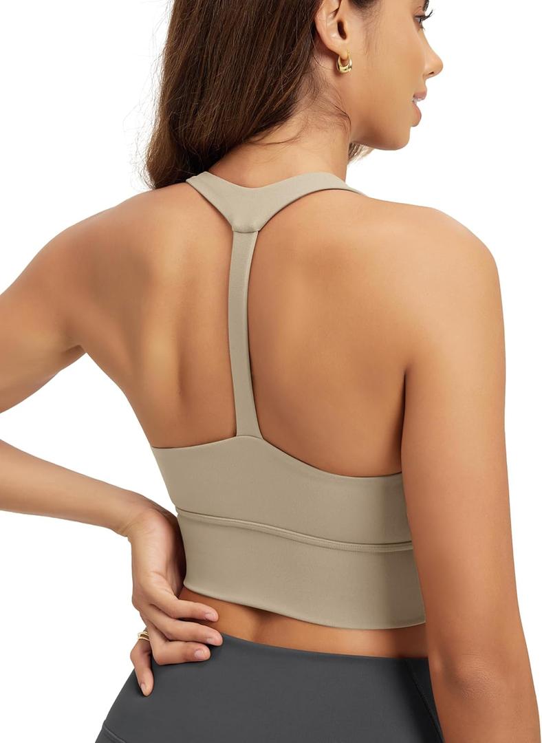 ODODOS Women's Halter Sports Bra Padded Y Racerback Yoga Top with Removable Pads, Shaker Beige, Small