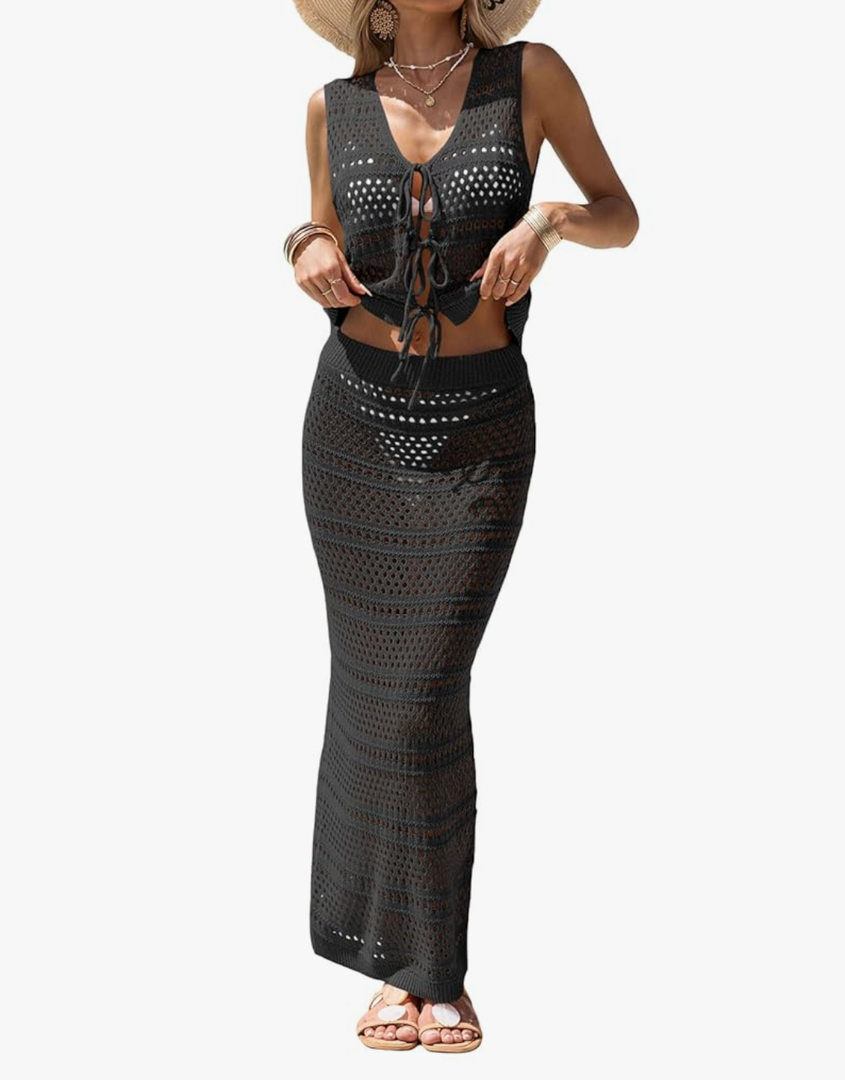 Fisoew Womens Summer Crochet Swim Cover Up 2 Piece Sleeveless Front Tie Crop Tops Beach Maxi Skirt Boho Coverup Set Size S