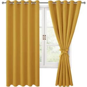 Hiasan Blackout Curtains for Bedroom, 60 x 63 Inches Length - Thermal Insulated & Light Blocking Window Curtains for Living Room, 2 Drape Panels Sewn with Tiebacks, Mustard Yellow