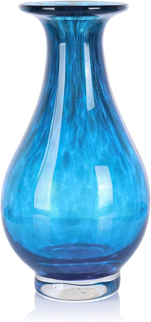 Hand Blown Glass Vase, Decorative Art Glass Centerpiece for Home Decor, Contemporary Flower Vase with Flared Rim for Table, Shelf, Mantel or Entryway Display（Teal）