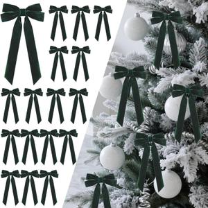 Senjie 16Pcs Velvet Ribbon Bows for Christmas Tree, Vintage Rustic Small Craft Bows Ornaments for Garland Wreath Gift Wrapping Candy Bags Party DIY Decorations (Deep Green, 5" x 10", Width of 1")