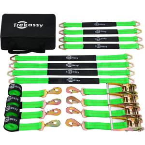 Trekassy Car Tie Down Straps for Trailers with Snap Hooks, Ratchet Straps for Car, Truck, UTV & More, 10000 lb Break Strength, Includes (8) Axle Straps (Green)