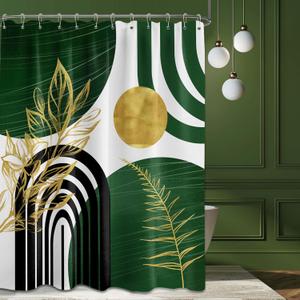 QGHOT Olive Green and Gold Shower Curtain Modern, Boho Mid Century Shower Curtains for Bathroom Decor MCM Minimalist Leaf Simple Bath Curtain Set, Waterproof, Fabric, with Hooks (70''W x 84''L)
