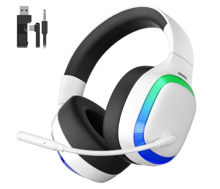 2.4Ghz Wireless Gaming Headset for PS5, PS4, PC, Mac, Bluetooth 5.4 Gaming Headphones with Noise Canceling Mic, 70H Battery, Surround Sound, Lay-Flat & Foldable - RGB White