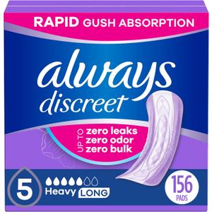 Always Discreet Adult Incontinence Pads for Women, Drier, 5 Drop Long Length, Heavy Absorbency, Pads for Bladder Control Management, Bladder Leaks, & Postpartum Pads, 156ct