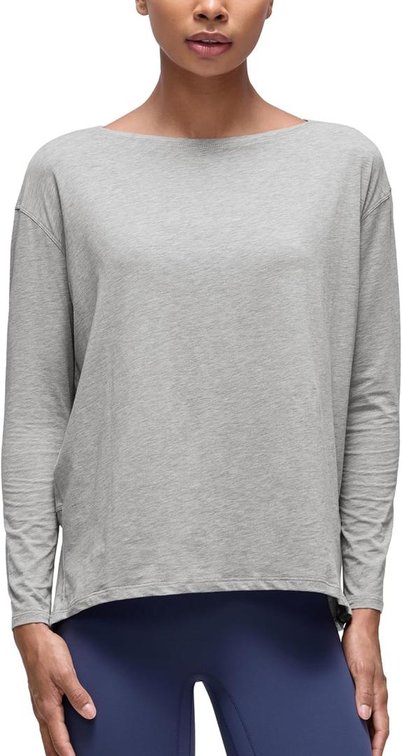 CRZ YOGA Pima Cotton Long Sleeve Workout Shirts for Women Loose Fit Athletic Yoga T-Shirts Casual Boat Neck Fall Tops (X-Small, Heathered Medium Grey)