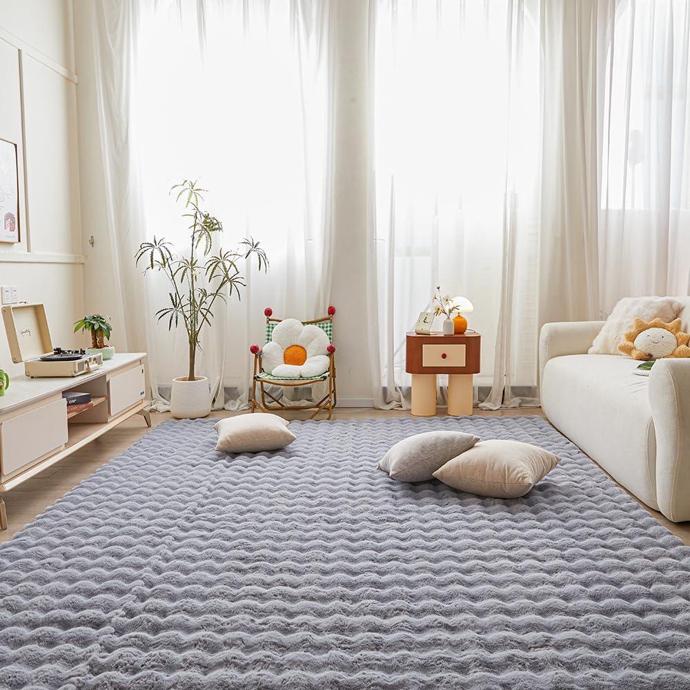 Gray Rabbit Plush Area Rug for Bedroom Living Room Sofa,8'X10' Faux Fur Fluffy Shaggy Rectangular Square Rug for Kids Teen Girls Room,Furry Carpet Rug for Nursery Baby Room Decor for Teenage (Grey)
