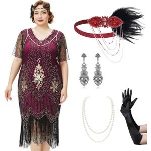 BABEYOND Great Gatsby Dresses Set for Women Plus Size Cocktail Dress 1920s Flapper Costume Set for Women (4XL)