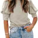 SimpleFun Women's Puff Sleeve Tops Summer Crewneck Loose Casual Blouse Shirts (Medium, New-beige)