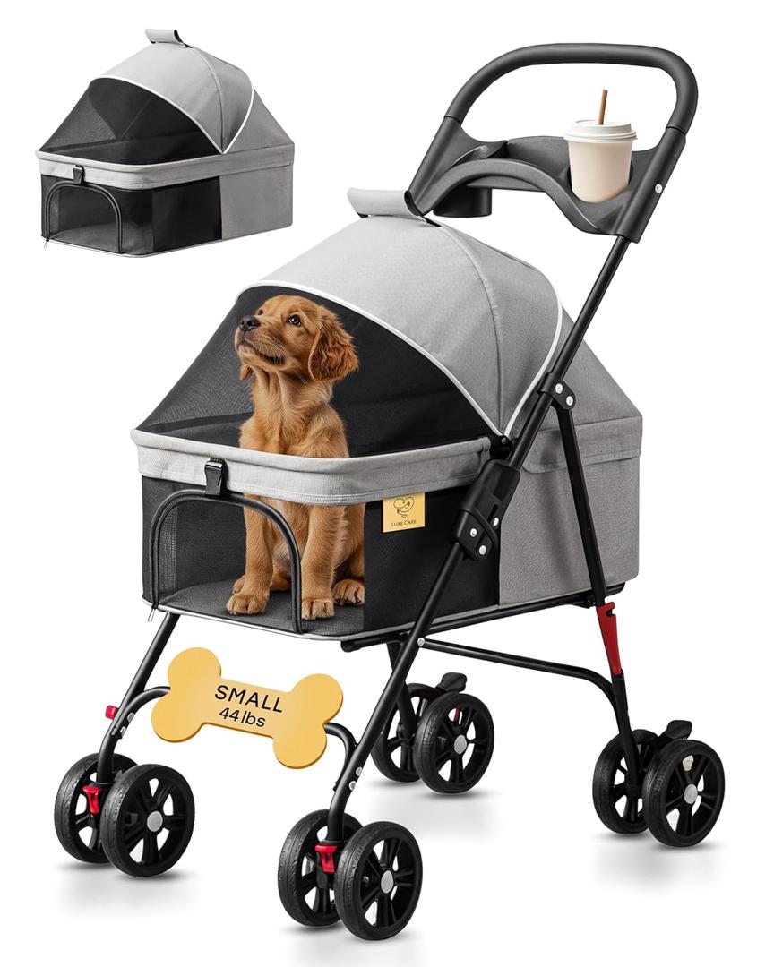 4 Wheel Foldable Pet Stroller - Lightweight Dogs and Cats Stroller Up to 44lbs with Mesh Canopy, Storage Basket and Cup Holder, Durable for Walks and Outings (Small)