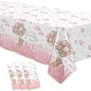 YJRJSC Bear 1st Birthday Decorations Tablecloth for Girl, 3 Pack Disposable Pink Teddy Bear Theme We Can Bearly Wait One Party Supplies Tablecover, 55in x 86in, Set of 3