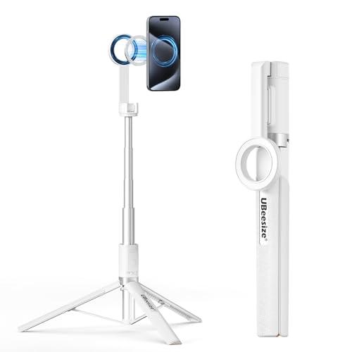 UBeesize Magnetic Tripod for iPhone with Remote, 64’’ Extendable Phone Stand for Video Recording/Vlogging, N52 Strong Holder for iPhone 12-15/Android, Portable Travel Selfie Stick Tripod(White)