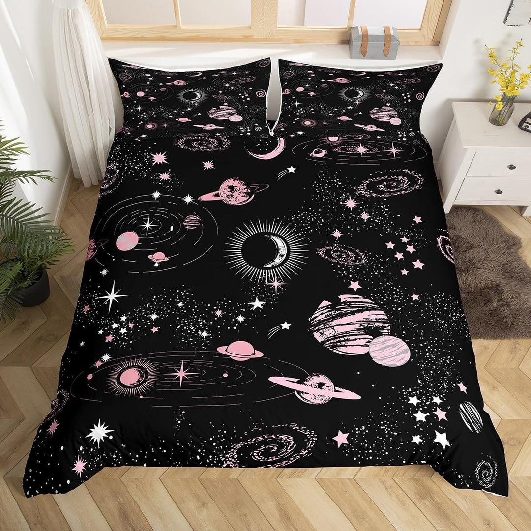 Castle Fairy Outer Space Bedding Set Starry Sky Pink White Stars Black Comforter Cover Set for Kids Teens Bedroom Decor Galaxy Universe Planet Duvet Cover Microfiber Breathable Bedspread Full Size (Multi 18)